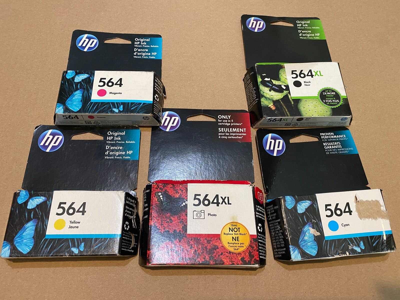 LOT OF 5 GENUINE HP 564 INK CARTRIDGES 564 XL PHOTO CYM AND BLACK XL C1-1(17)