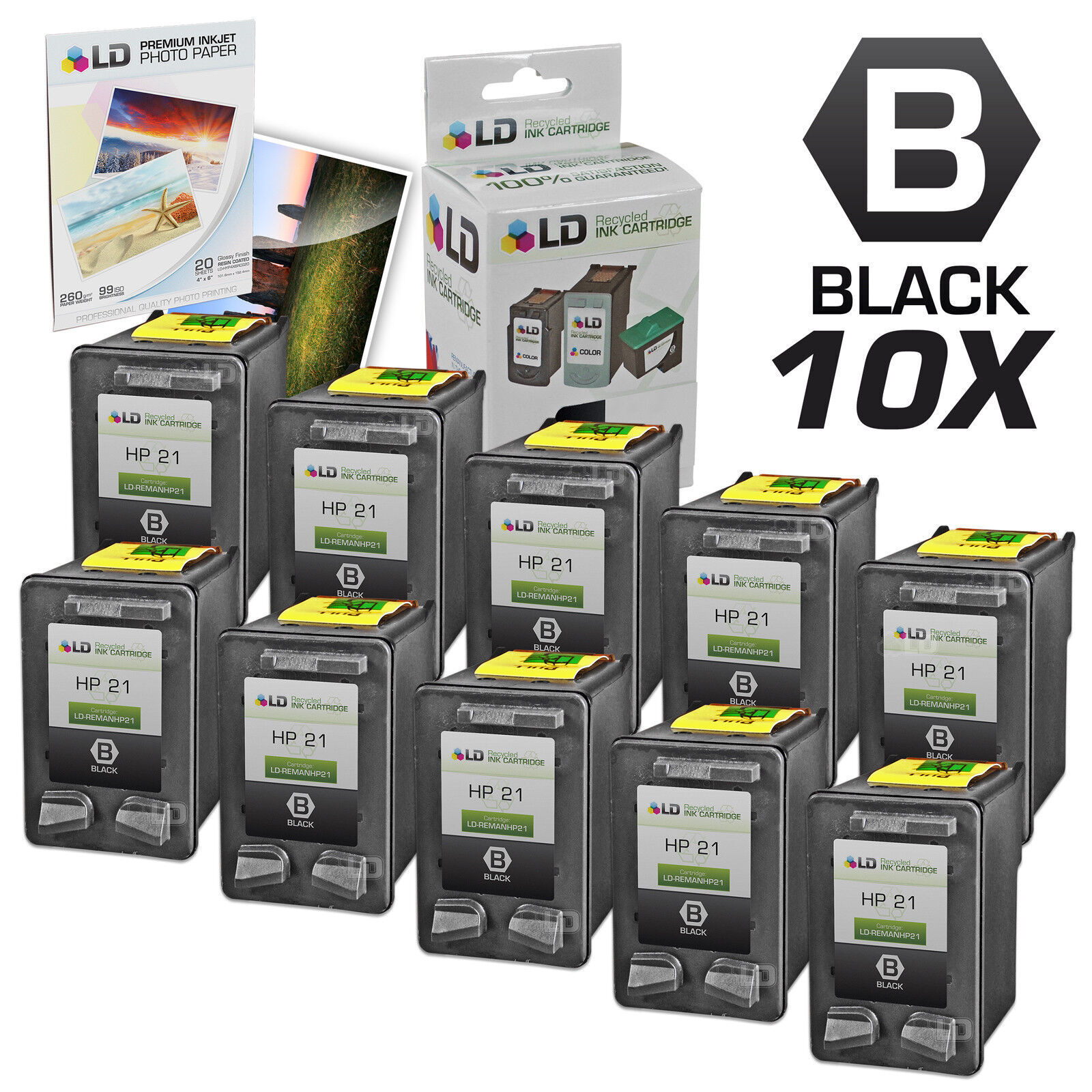 LD Reman Replacement Ink Cartridges for HP 21 C9351AN Black 10pk