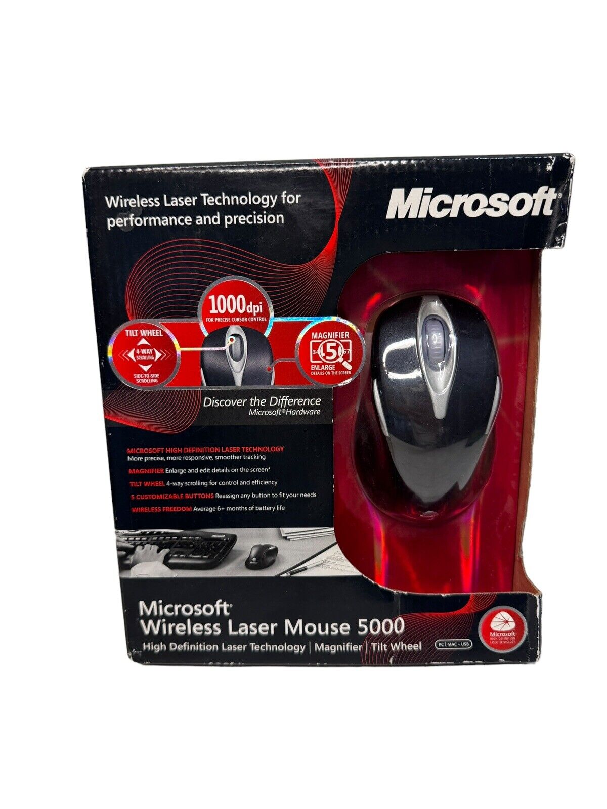Microsoft Wireless Laser Mouse 5000 Tilt Wheel 1000dpi Metallic Black New Sealed
