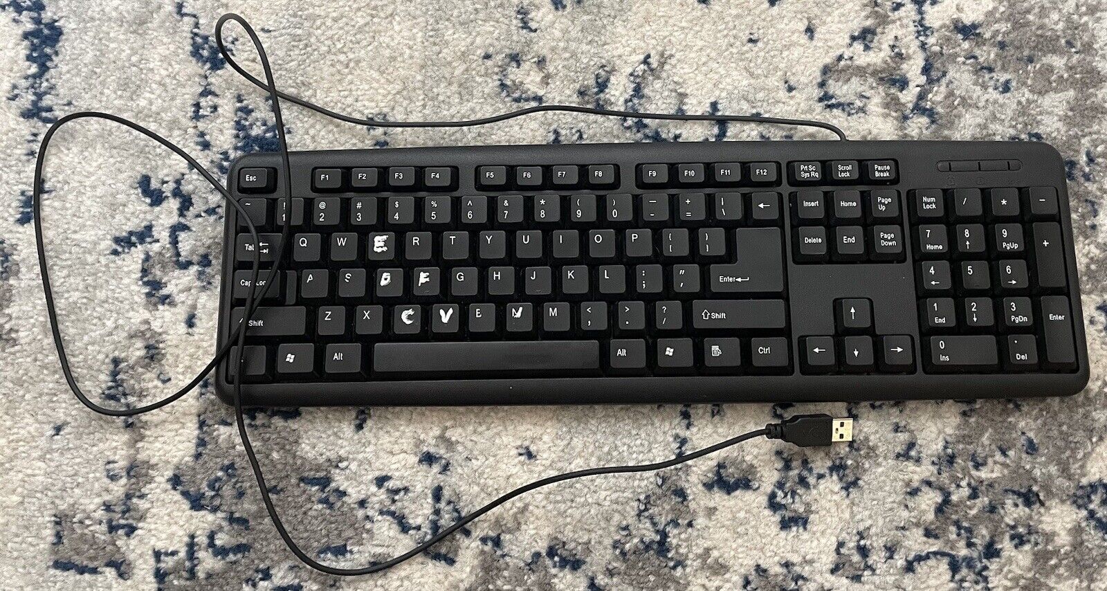 Black Wired Keyboard - 6 Highly Used Keys We’re Worn Down So White Out Was Used