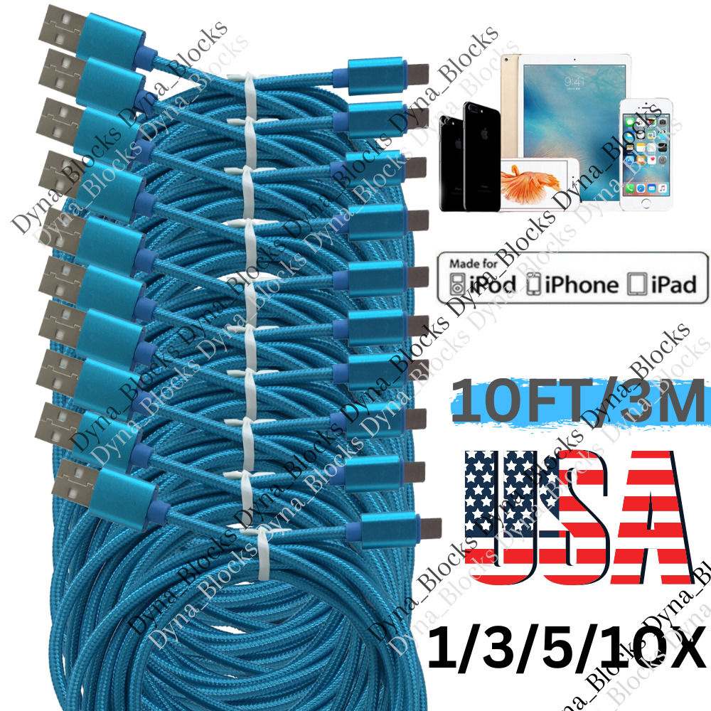 10Ft Braided USB Cable Fast Charging For Apple iPad iPhone 14 13 12 Charger Lot