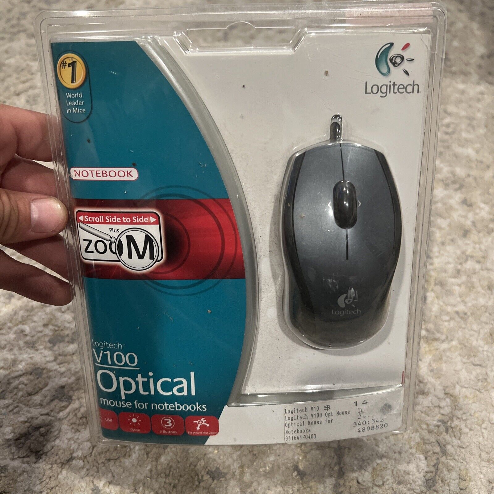 Logitech V100 3-Button USB Optical Mouse Tilt Wheel Plus Zoom Black/Gray - NEW