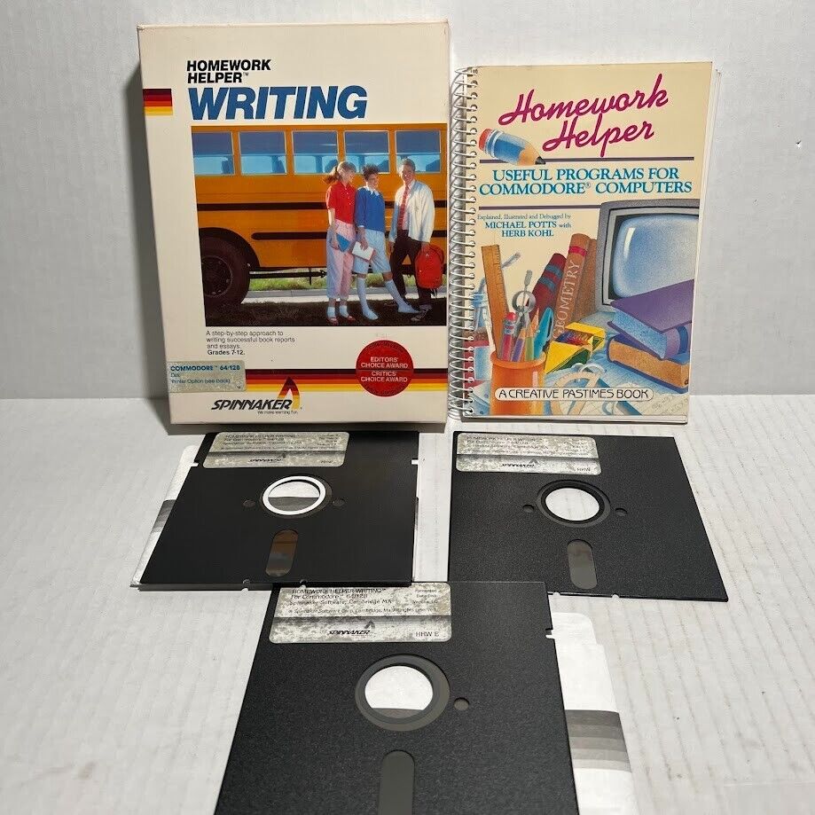 Commodore 64/128 Spinnaker Homework Helper Writing Game Disks Complete CIB 