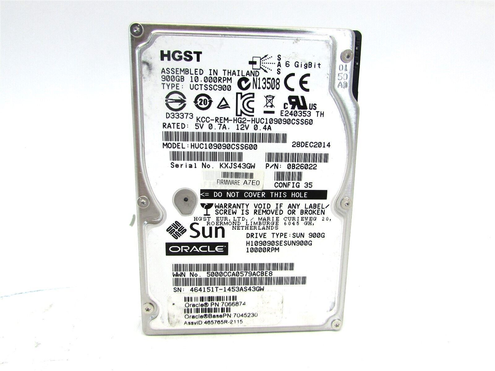 Sun Oracle 7066874 900GB 10K 2.5 SAS 6/Gbps Hard Drive Grade A HUC109090CSS600