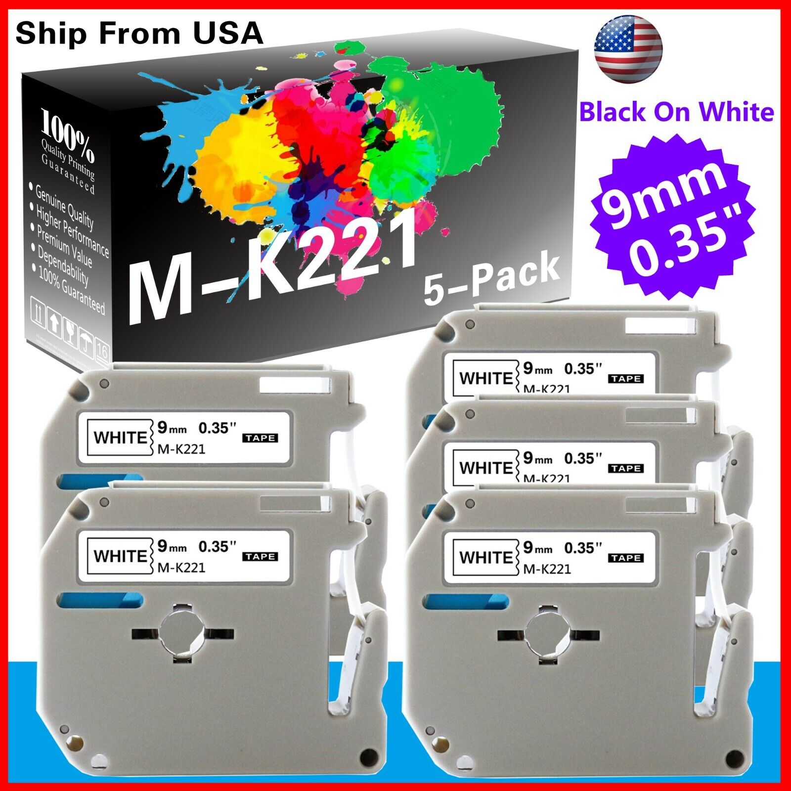 5 PK MK221 MK-221 Label Tape Used for P-touch PT-55S PT-65(Black on White)