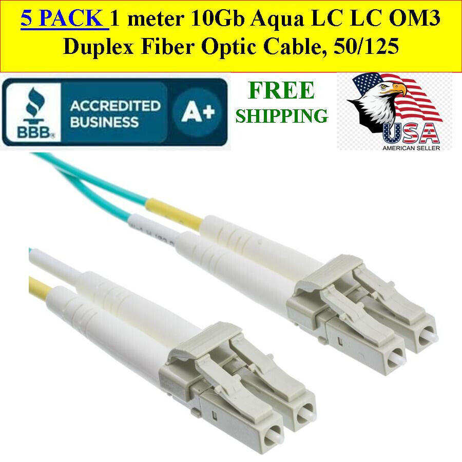 5 CABLES 1 meter 10Gb Aqua LC OM3 Multimode Duplex Fiber Optic Cable, 50/125