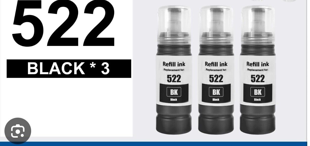 3PK Black 522 Ink Bottle Compatible for Epson T522 Fits EcoTank ET2720 ET4800