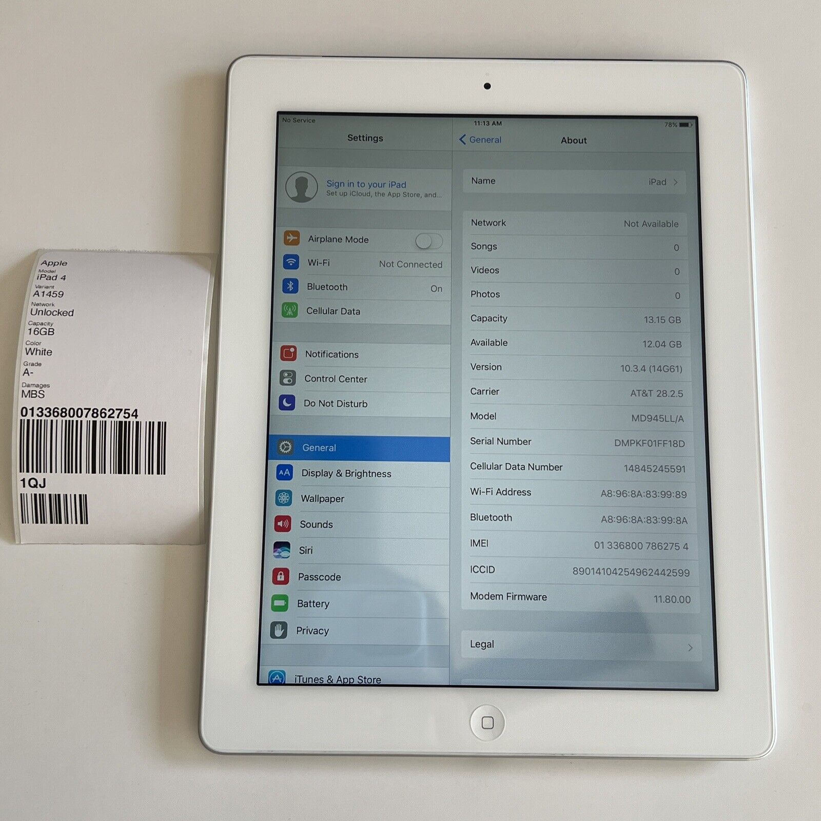 Apple iPad A1459 4th Gen Silver (Wifi+Cellular Unlocked) 16GB - Near Mint