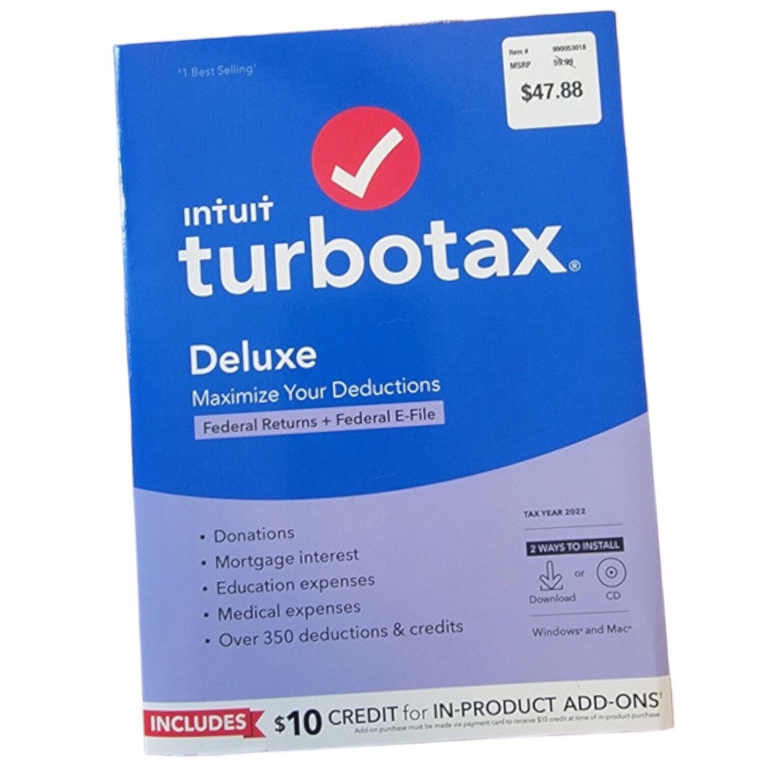 Intuit TurboTax Deluxe 2022 Federal Returns & E-File + $10 Credit (No State) NEW
