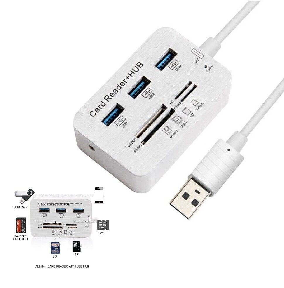 Aluminum 3 Port USB 3.0 Hub MS SD M2 TF Multi-In-1 Memory Card Reader Adapter US
