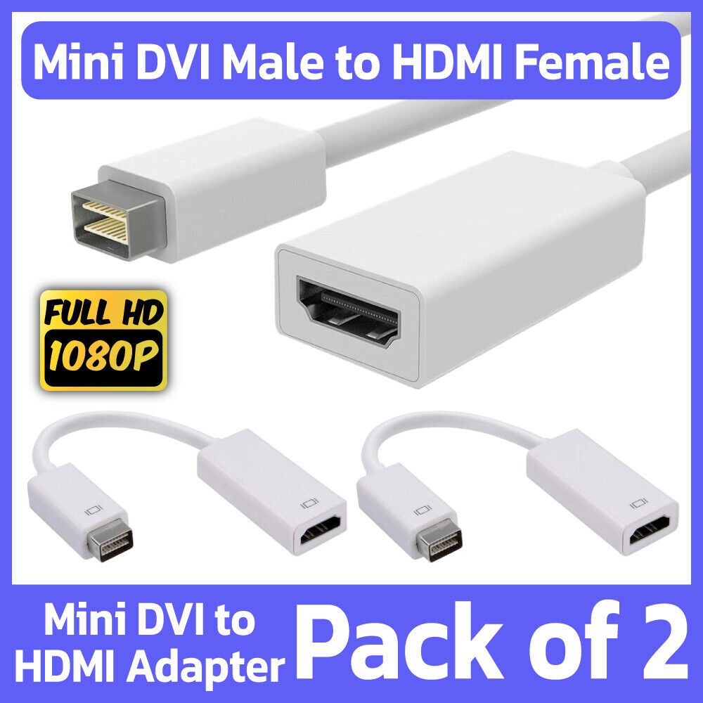 2 Pack Mini DVI Male to HDMI Female Adapter Video Cable Converter Mac TV Monitor