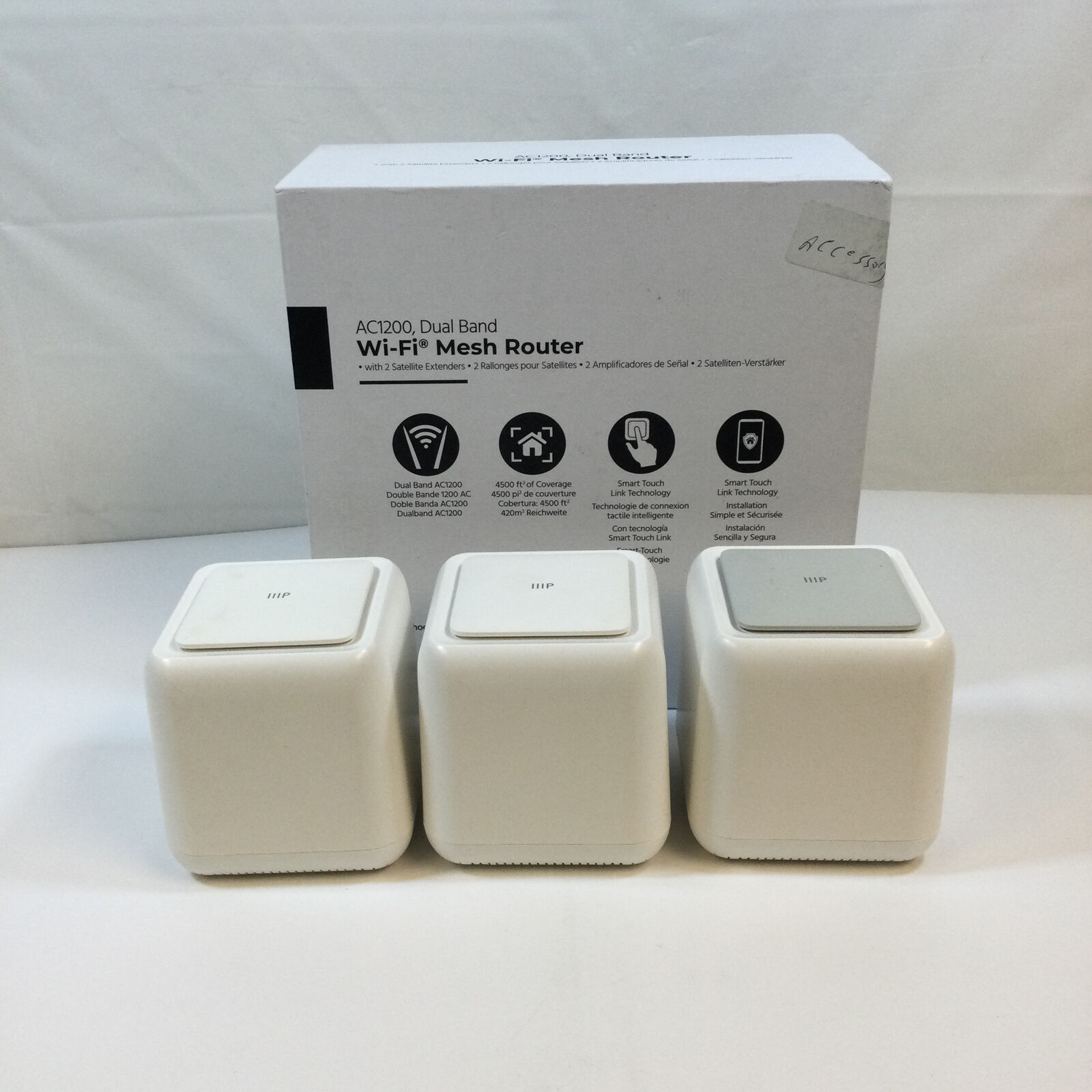 Monoprice 38623 White AC1200 Dual Band WiFi Mesh Router System Pack Of 3 Used