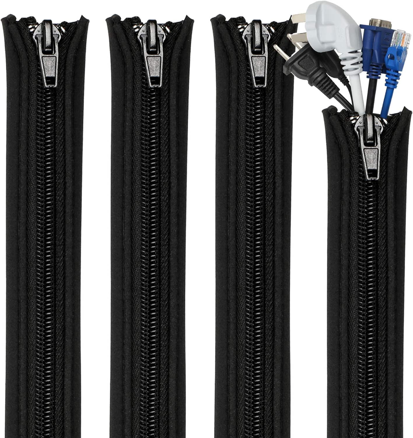Teskyer 4 Pack Cable Management Sleeves, Cord Organizer Sleeve with Zipper, Wire