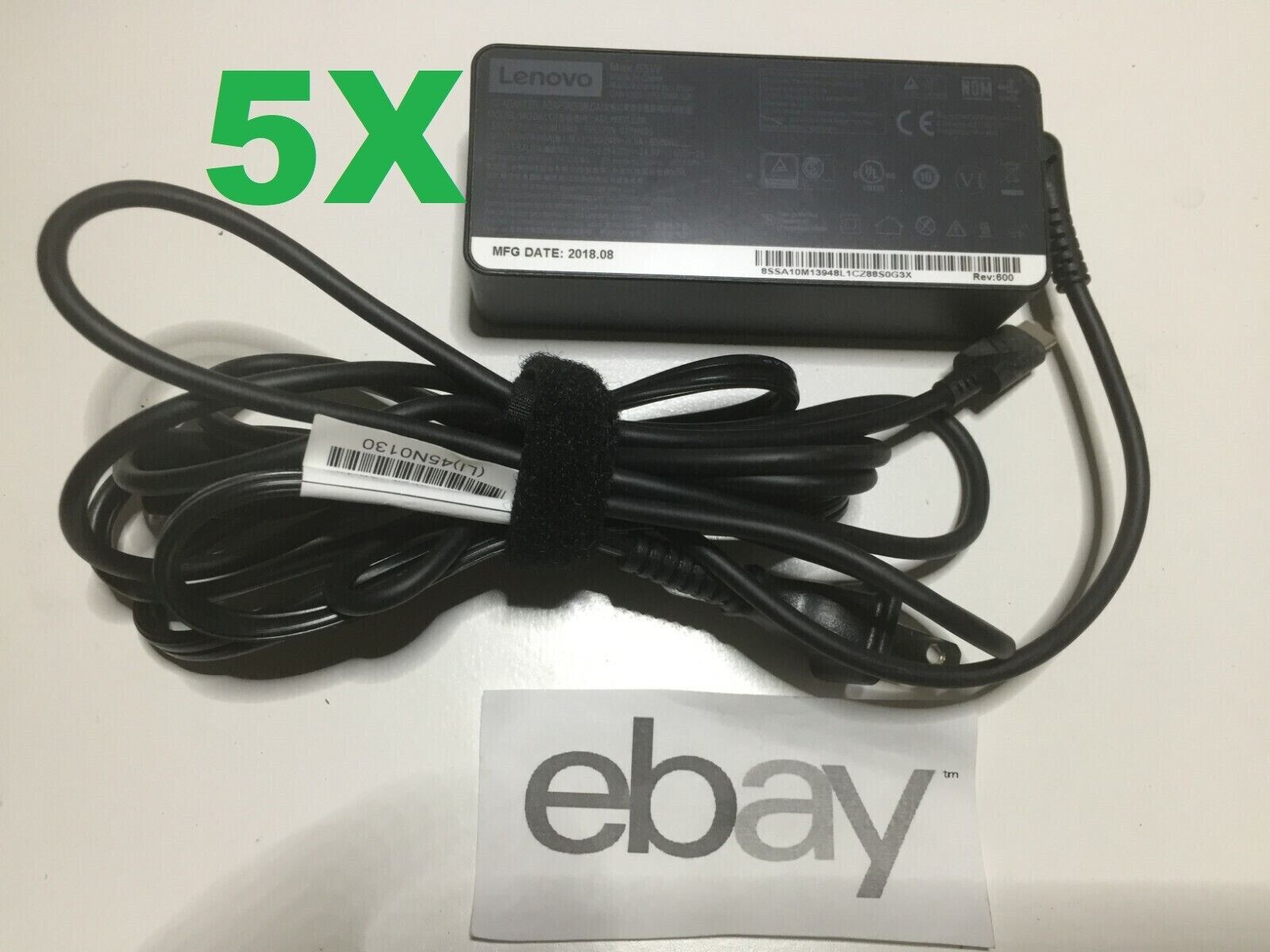 LOT OF 5 Lenovo 65w USB-C ADLX65YLC2A Power Charger Adapter w/ Power Cable OEM