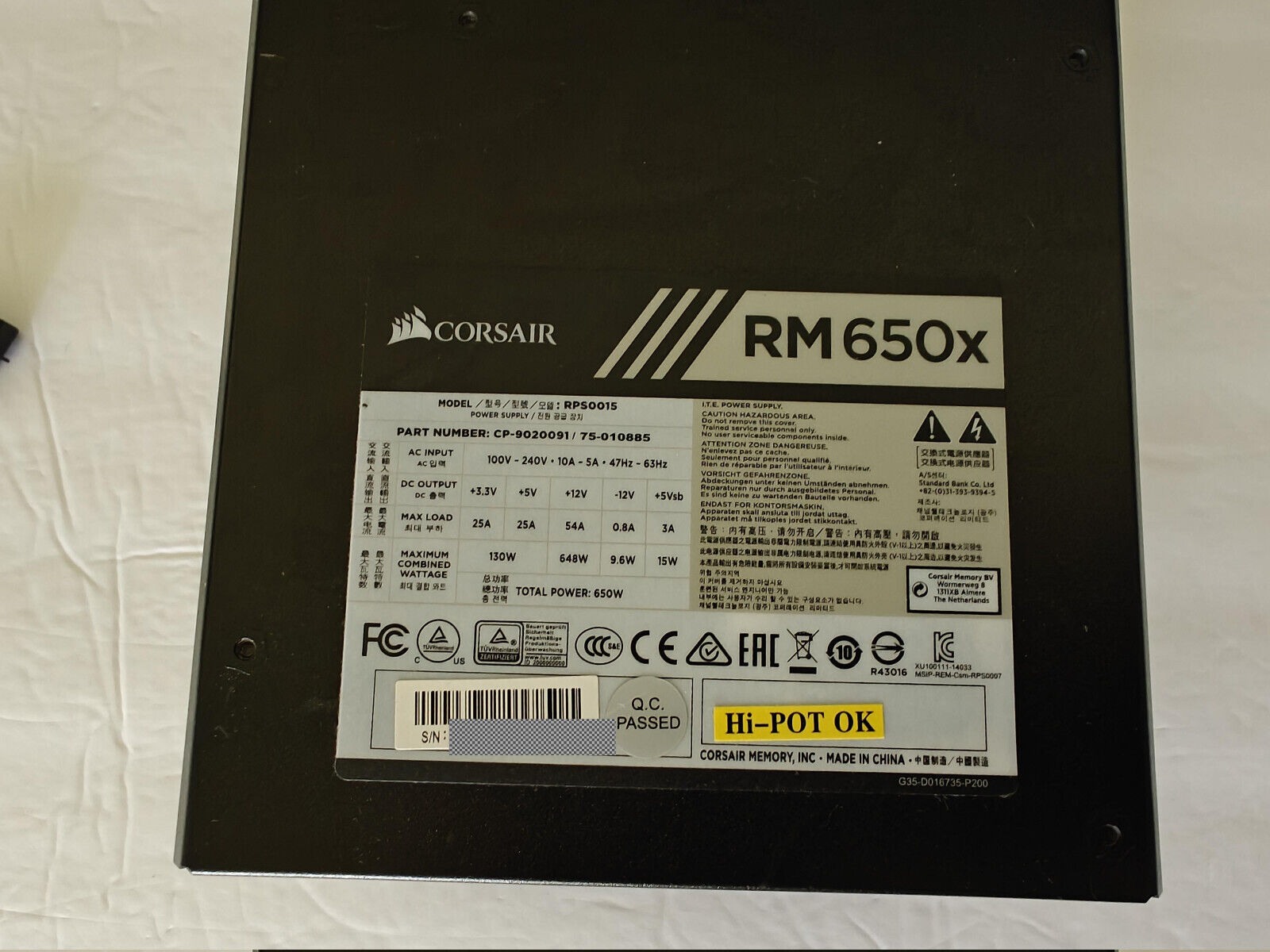 CORSAIR RM650x 650 Watt 80+ Gold PSU Part # CP-9020091