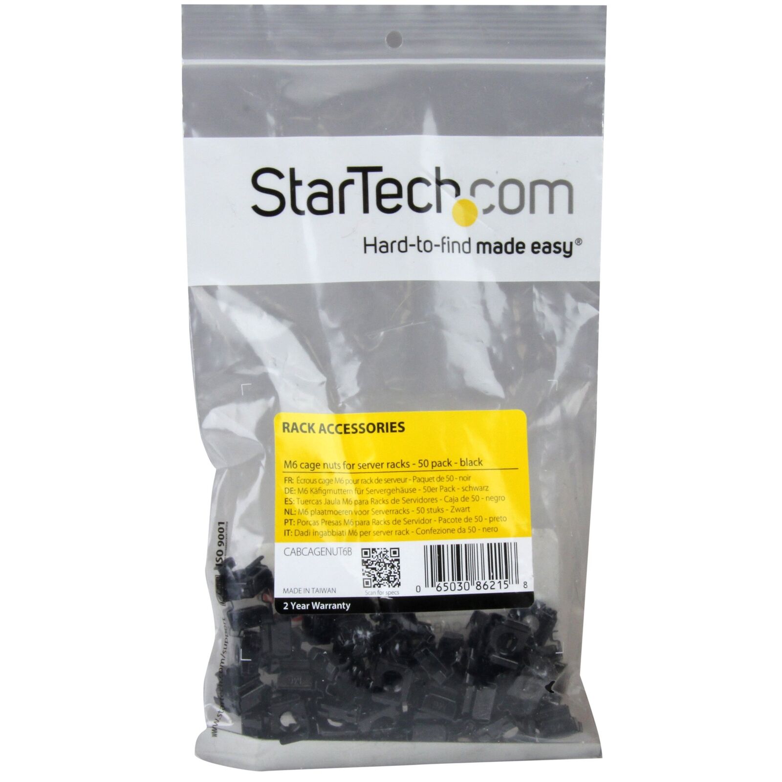 Startech.com M6 Cage Nuts - 50 Pack, Black - M6 Mounting Cage Nuts For Server