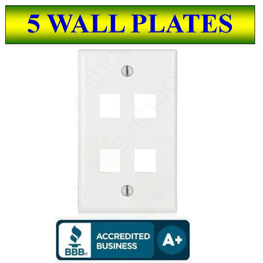 5 PACK Wall Plate 4 Port White Keystone Jack for RJ45 HDMI, USB, A/V Connectors
