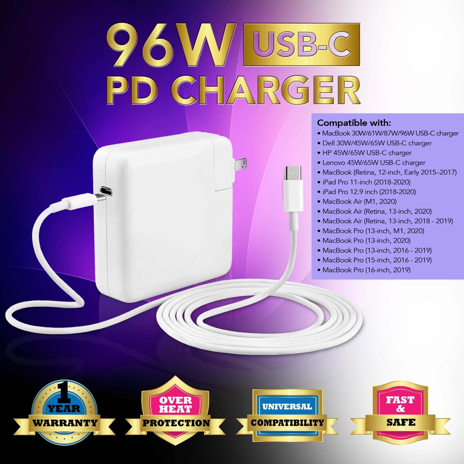 96W USB-C Power Adapter Charger For Apple Ipad Air 4, Ipad Air 5, Ipad Mini 6