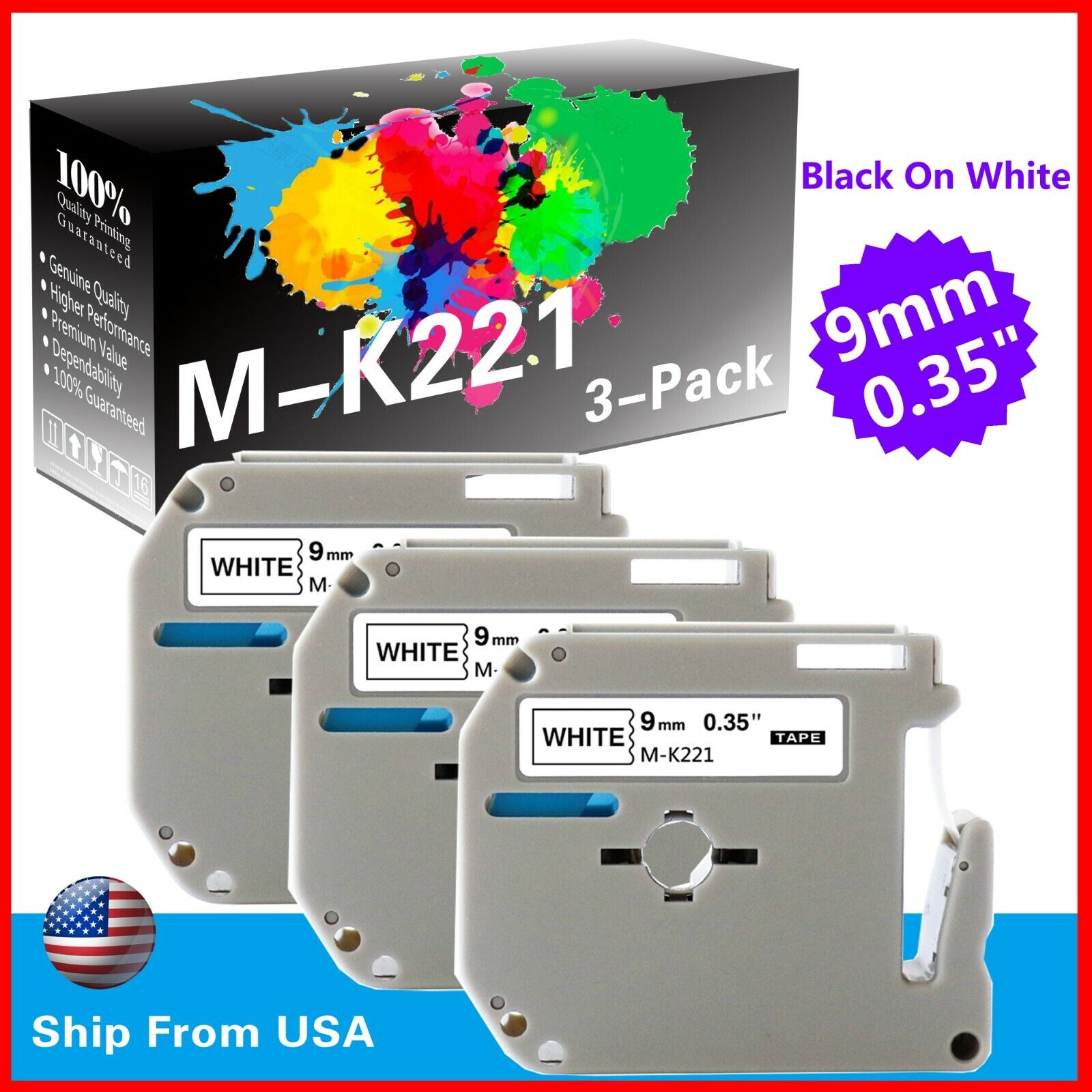 3 PK MK221 MK-221 Label Tape Used for P-touch PT-100 PT-110(Black on White)