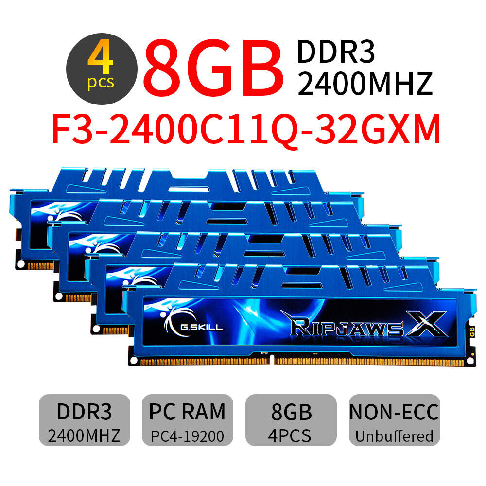 G.Skill Ripjaws X 32GB 4x8GB DDR3 OC 2400MHz PC3-19200U Desktop Gaming Memory AB