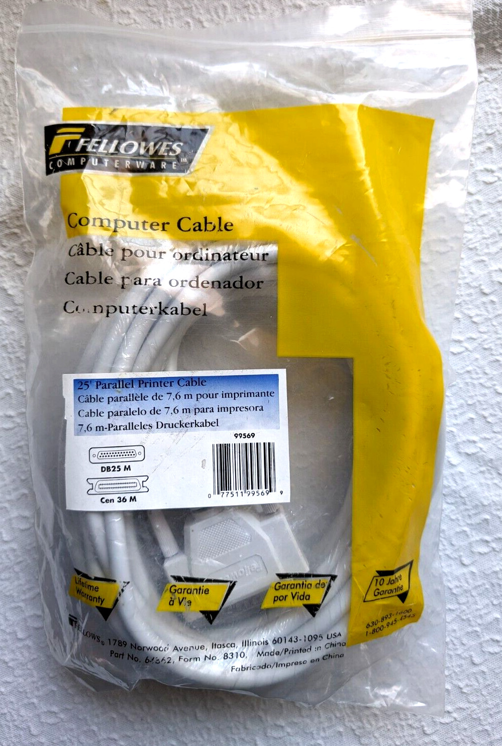 Fellowes 25 FT Parallel Printer Computer Cable DB25 M to Cen 36M  99569