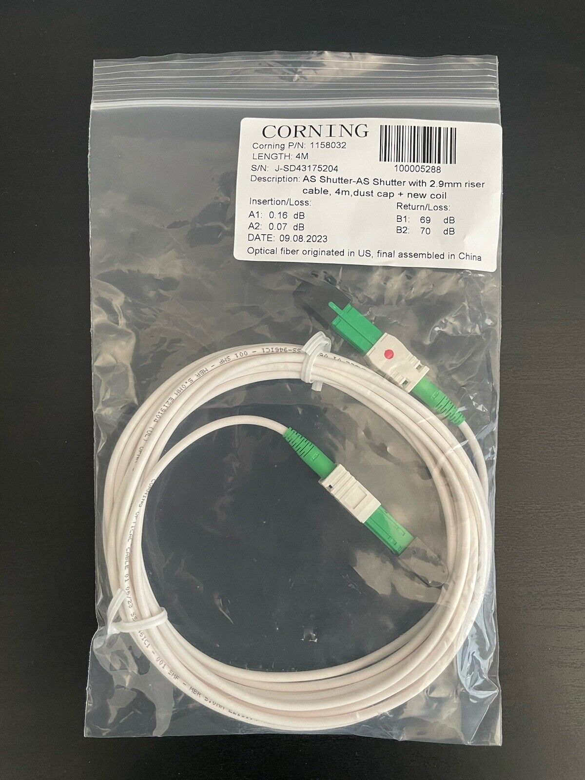 Corning SC/APC to SC/APC Optical Fiber Cable 4M - with 2.9mm Riser Cable