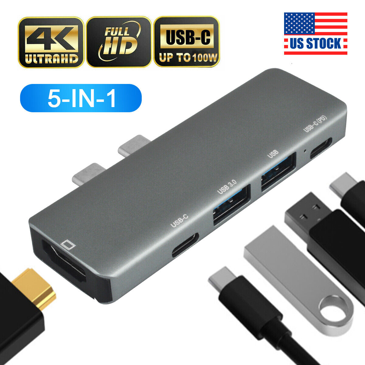5 in 1 USB-C Docking Station 4K HDMI Card Adapter For Macbook Air/Pro 2018-2020
