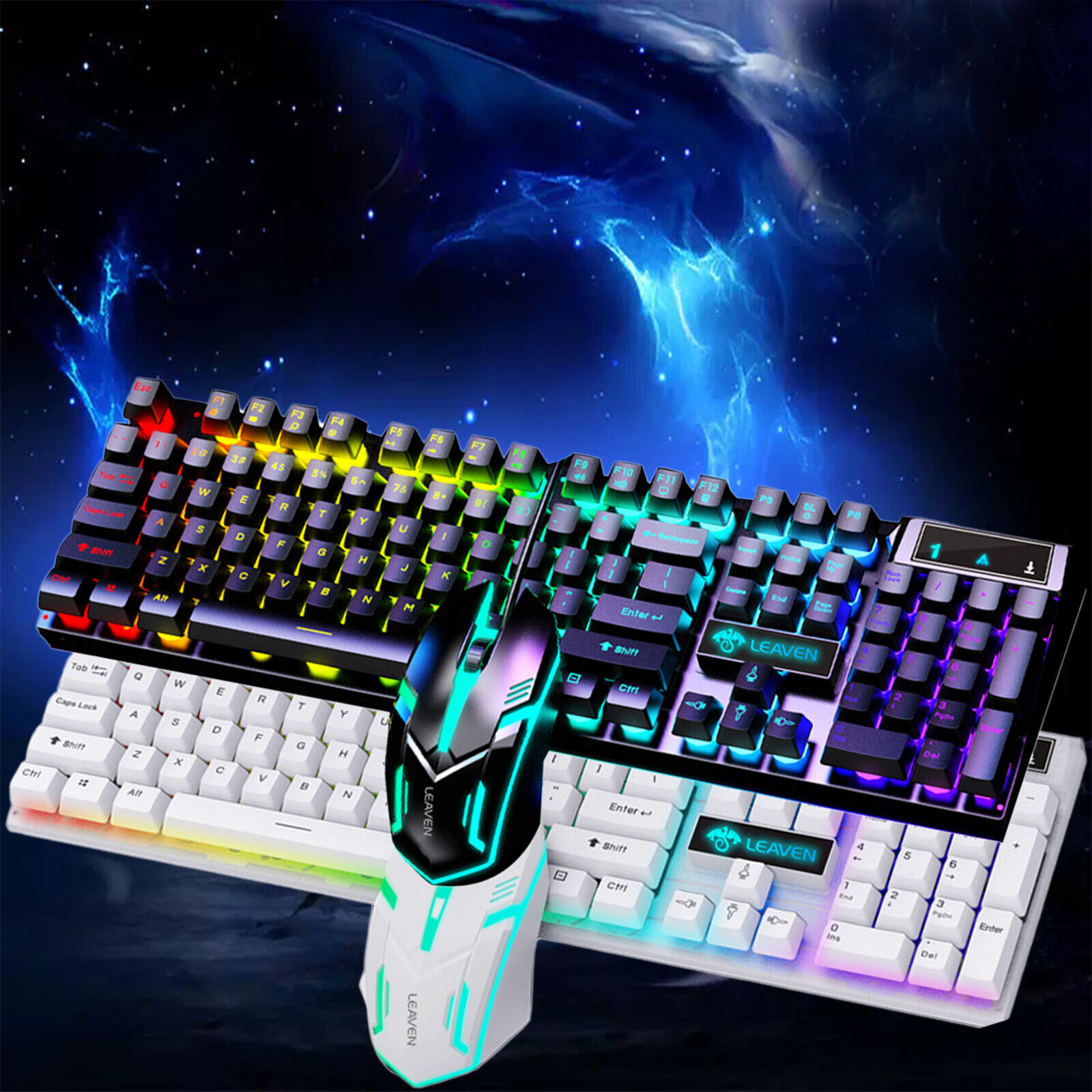 Computer Desktop Gaming Keyboard & Mouse Mechanical Feel Backlit RGB LED Light