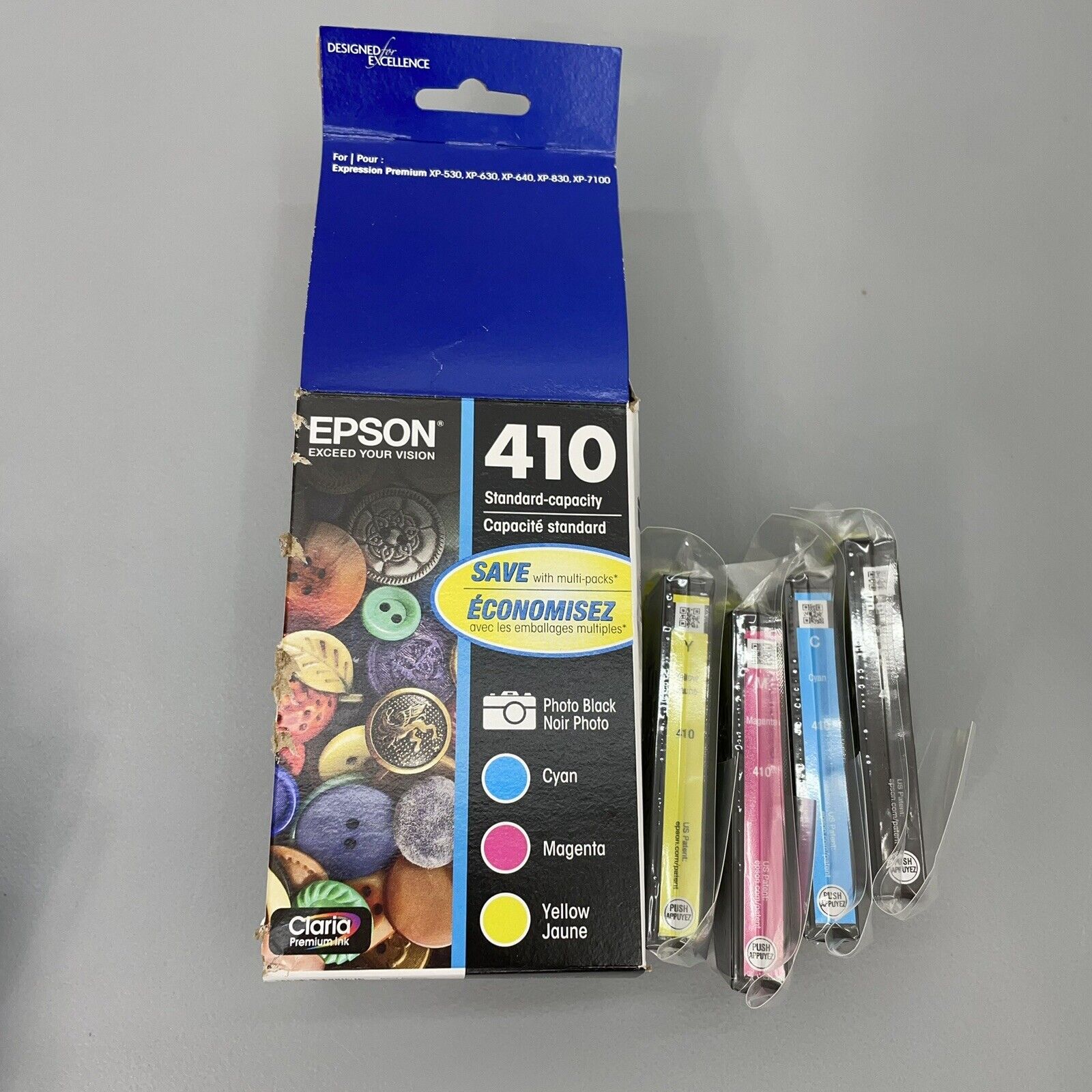 4 Epson 410 Standard Ink Cartridges 1 Photo Black 1 Magenta 1 Cyan 1 Yellow New