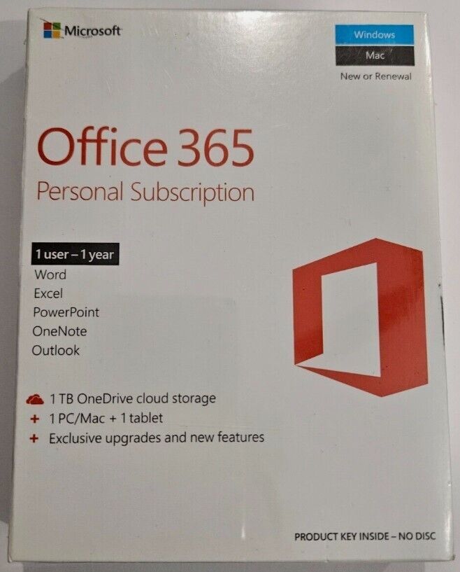 New  Microsoft Office 365 Personal 1 Yr  Subscription Word Excel Outlook Access