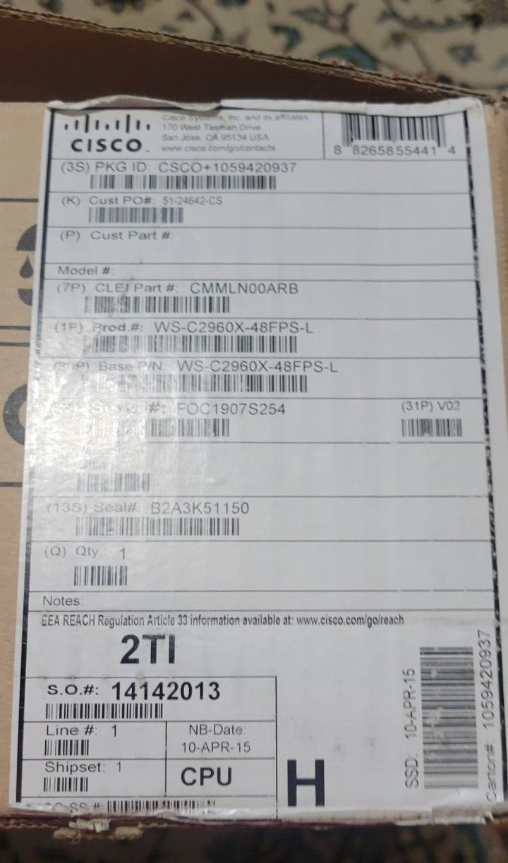Cisco WS-C2960X-48FPS-L 48P New Sealed Ethernet Switch New open box