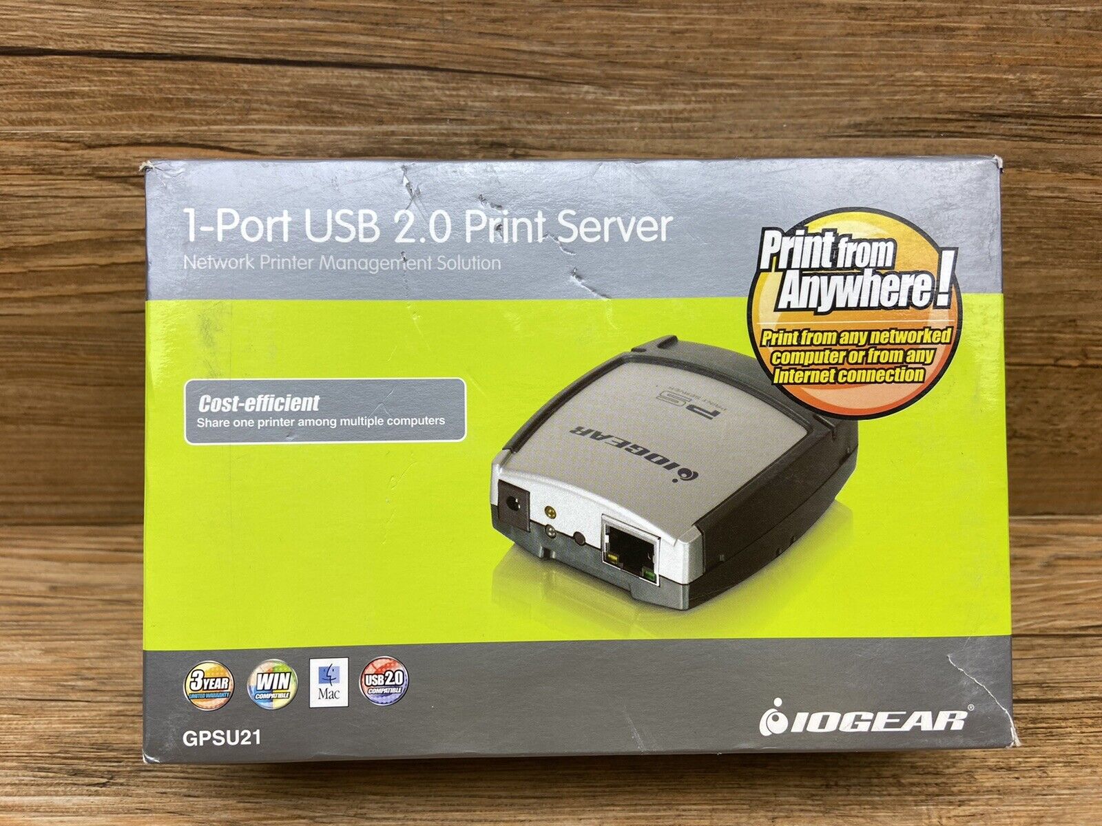 IOGear GPSU21 1-Port USB 2.0 Print Server w/ AC Adapter & USB Cable 