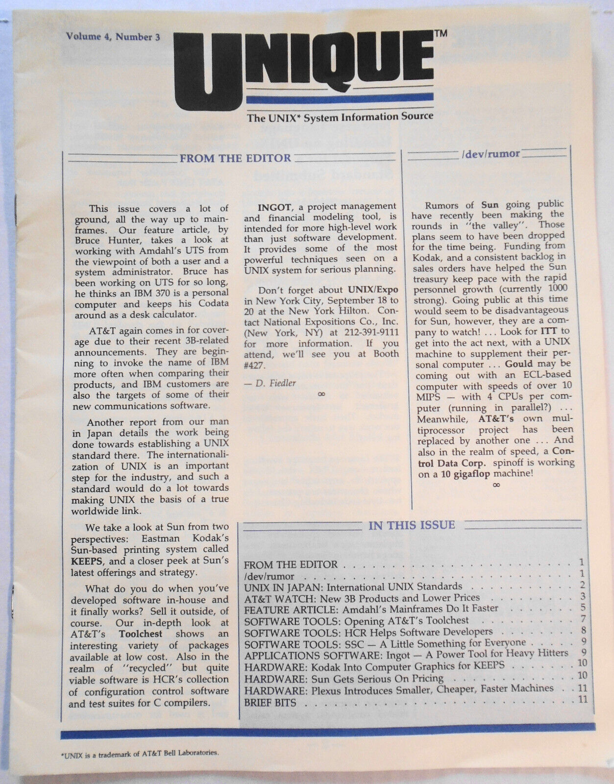 UNIQUE,  Vol. 4, No.  3, 1985 - The UNIX System Information Source
