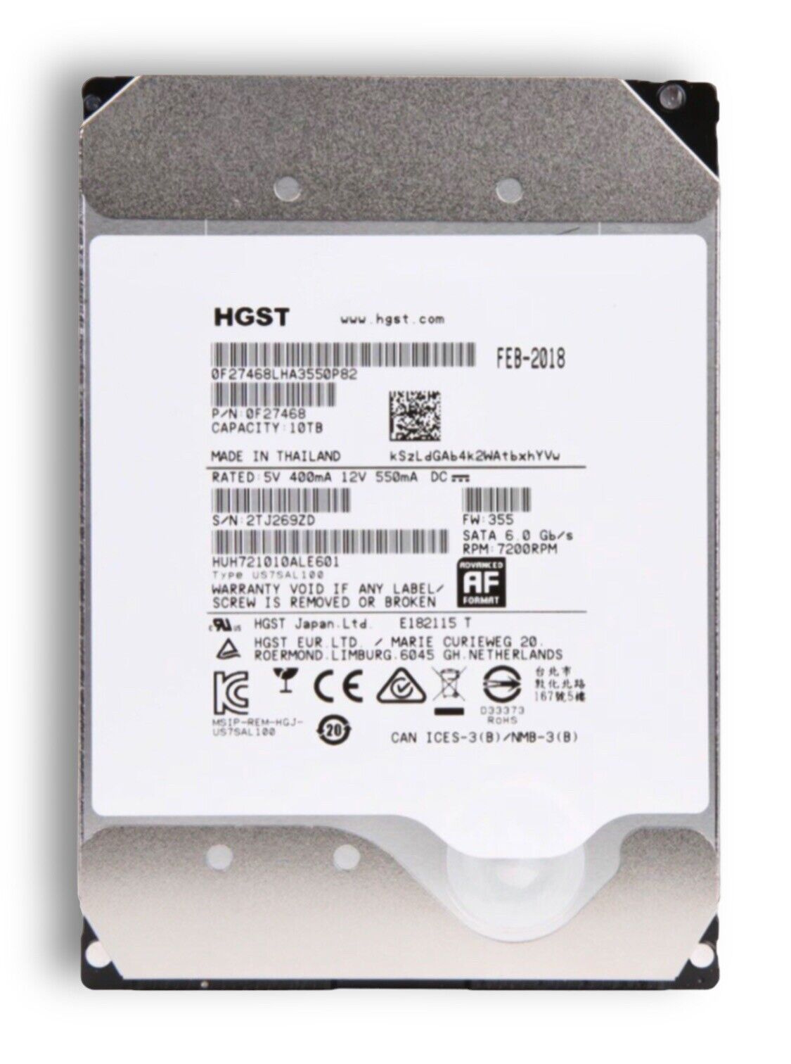 HGST 10TB HE10 SERIES SATA HARD DRIVE HUH721010ALE601 0F27468 6G 7.2K AF 3.5”HDD