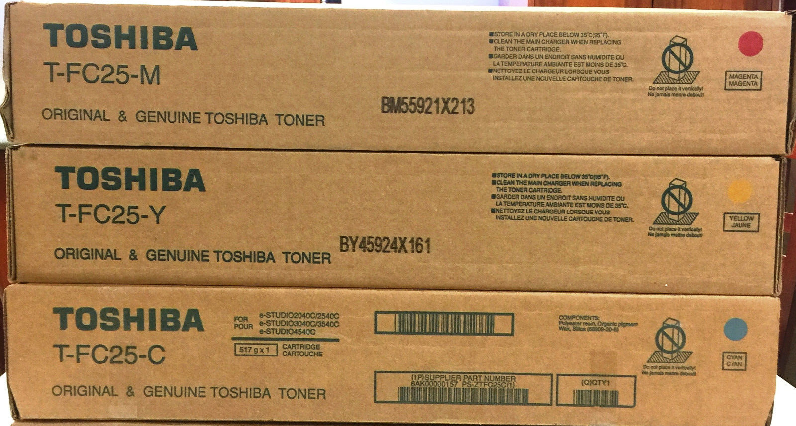 Genuine Set of 3 Toshiba TFC25C TFC25M TFC25Y  Toner Cartridges