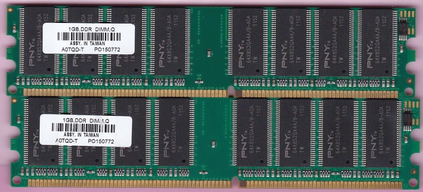 2GB 2x1GB PC-3200 PNY DDR-400 A0TQD-T Desktop Ram Memory Kit PC3200 DDR1 184-Pin