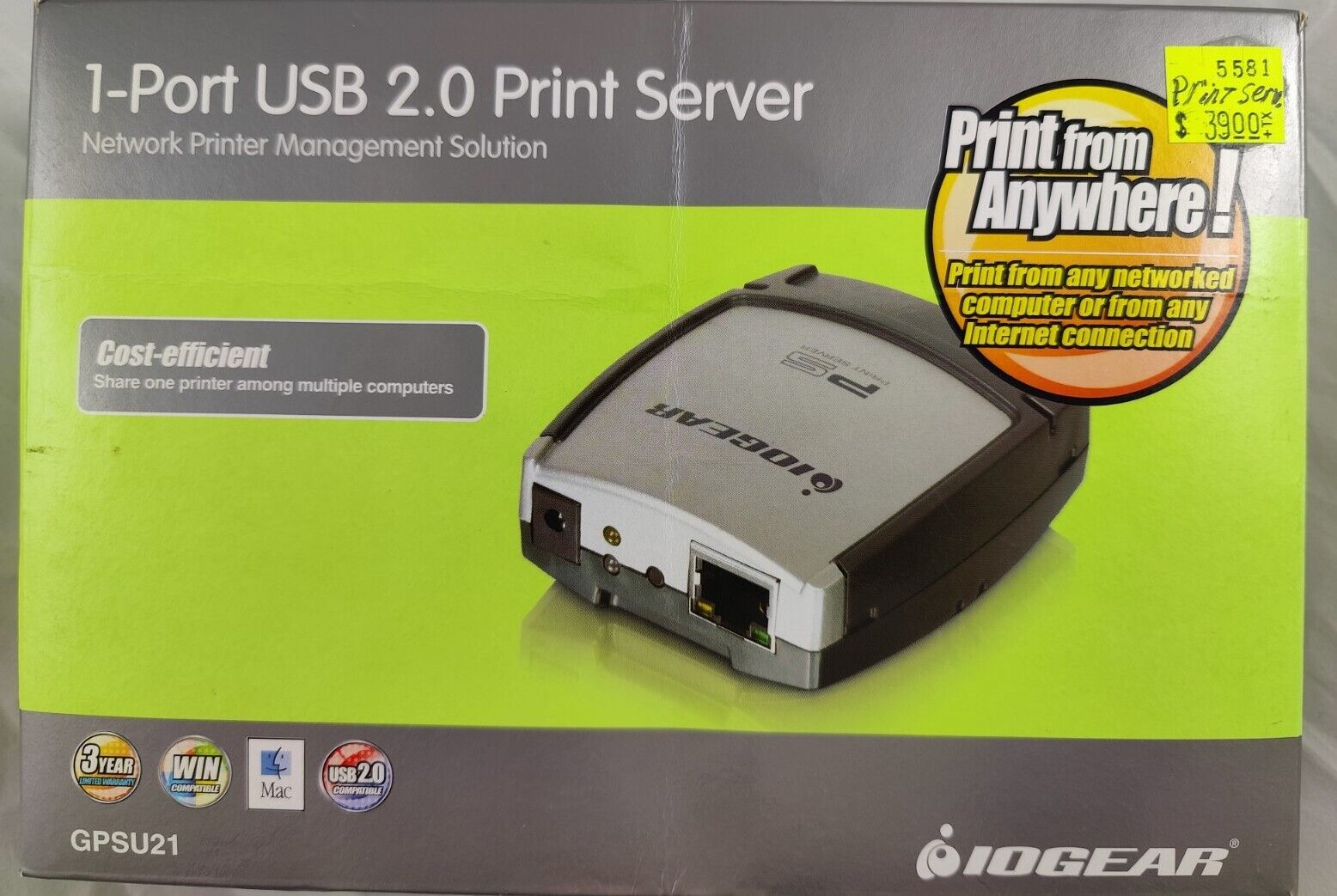 IOGEAR GPSU21 1-Port USB 2.0 Print Server Network IP RJ45 Ethernet