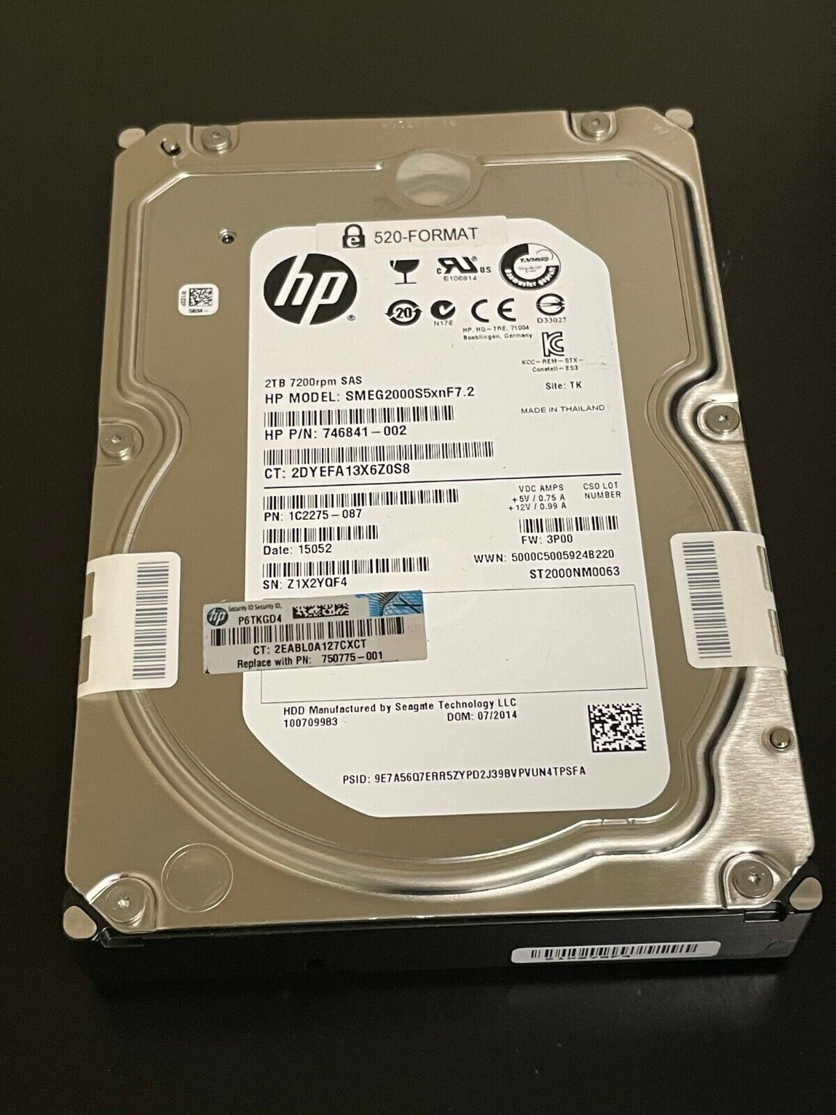 HP 746841-002 / Seagate ST2000NM0063 2TB 3.5in LFF 6Gbps 7.2k FIPS 512n SAS HDD