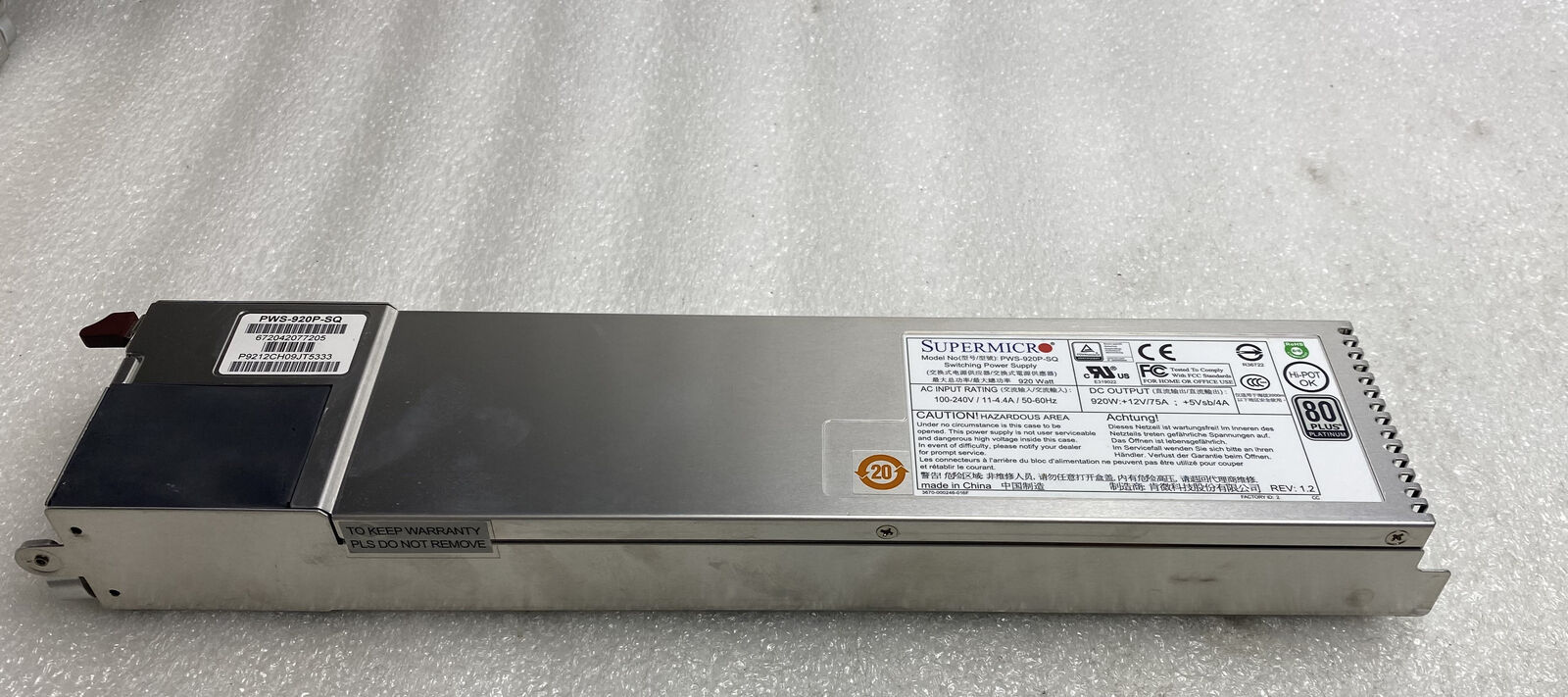 SuperMicro PWS-920P-SQ  920W Hot Swap 1U 80 Plus Platinum Server Power Supply