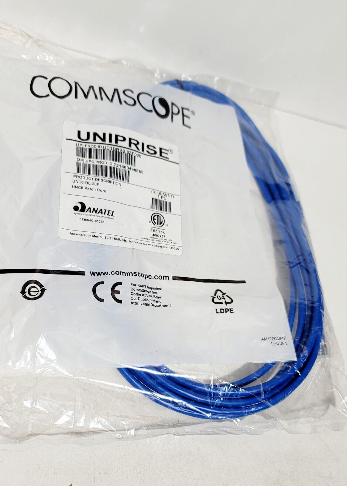 Commscope Uniprise CAT6 20ft Blue Patch Cord UNC6-BL-20F UC1BBB2-0ZF020