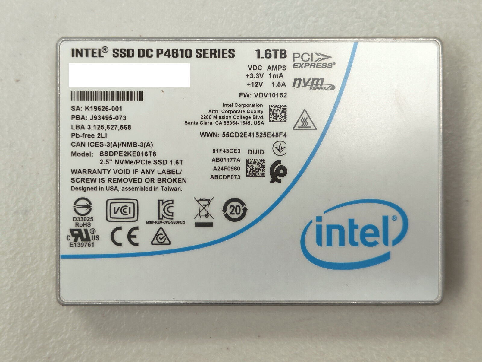 Intel DC P4610 1.6TB 2.5 inch (SSDPE2KE016T8) Solid State Drive (U.2) (NOT SATA)