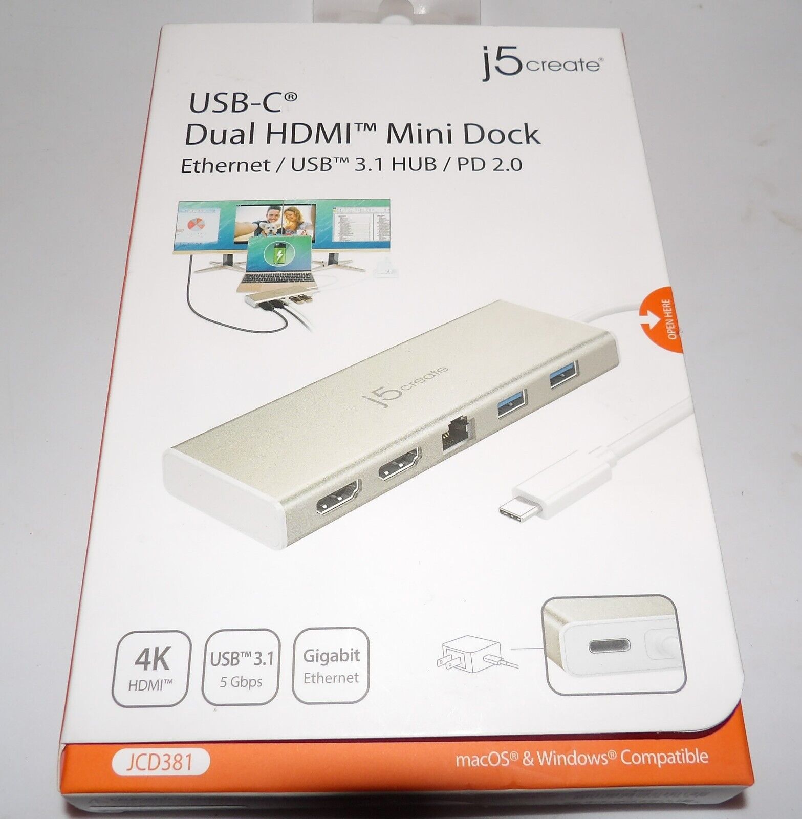 J5 Create JCD381 USB Type-C Dual HDMI Mini Dock Ethernet/ USB 3.1 HUB/ PD 2.0