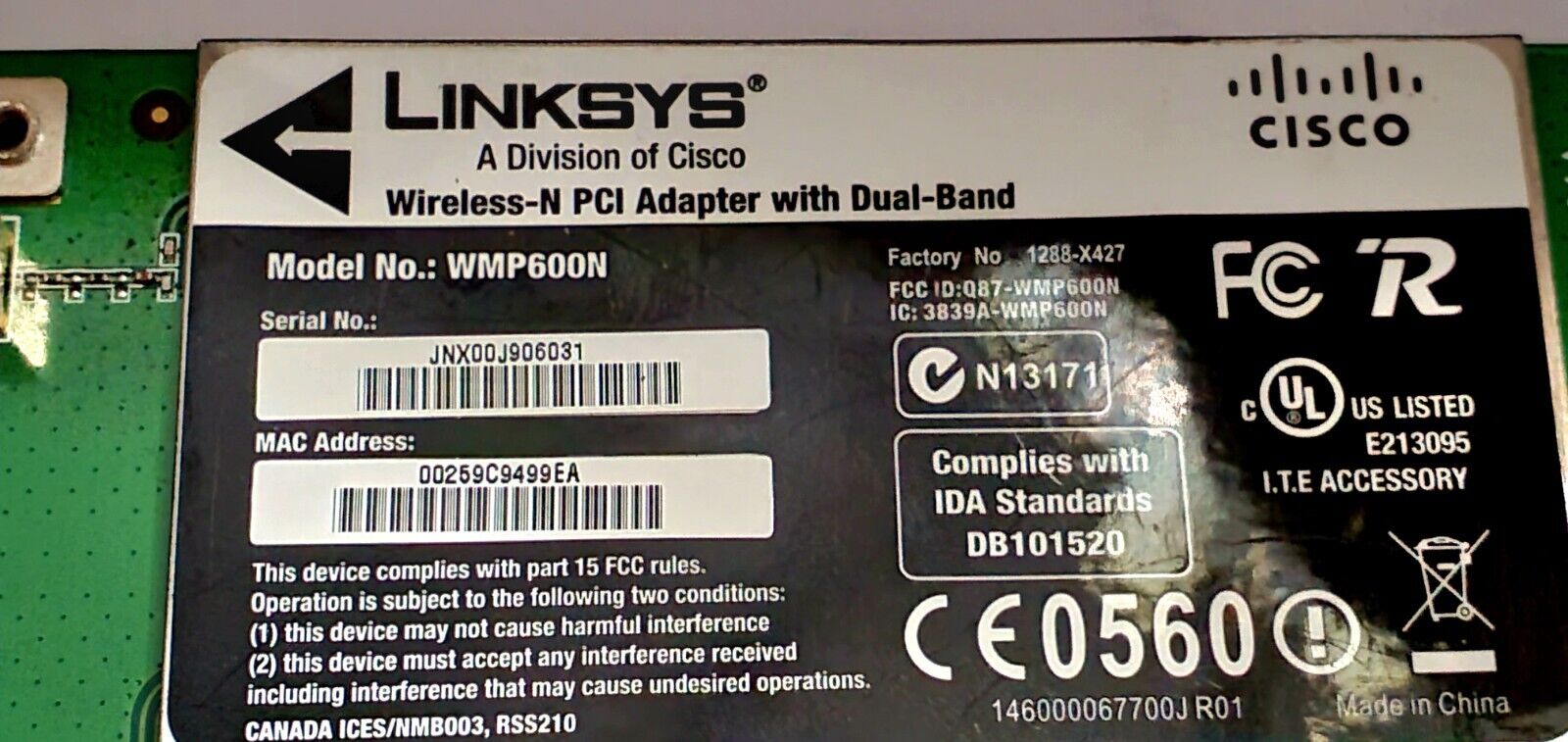 Linksys Wireless-N PCI Adapter WMP600N Dual Band with Antennas