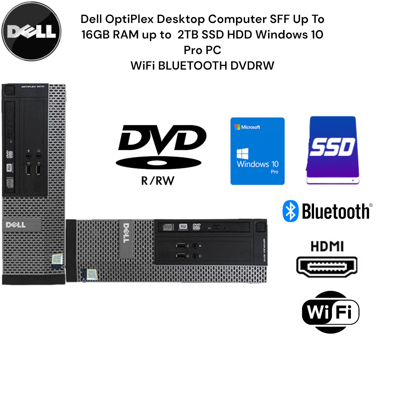 Dell Desktop Computer PC SFF UP TO 16GB 2TB SSD Win 10 PRO WiFi BT DVD/RW HDMI