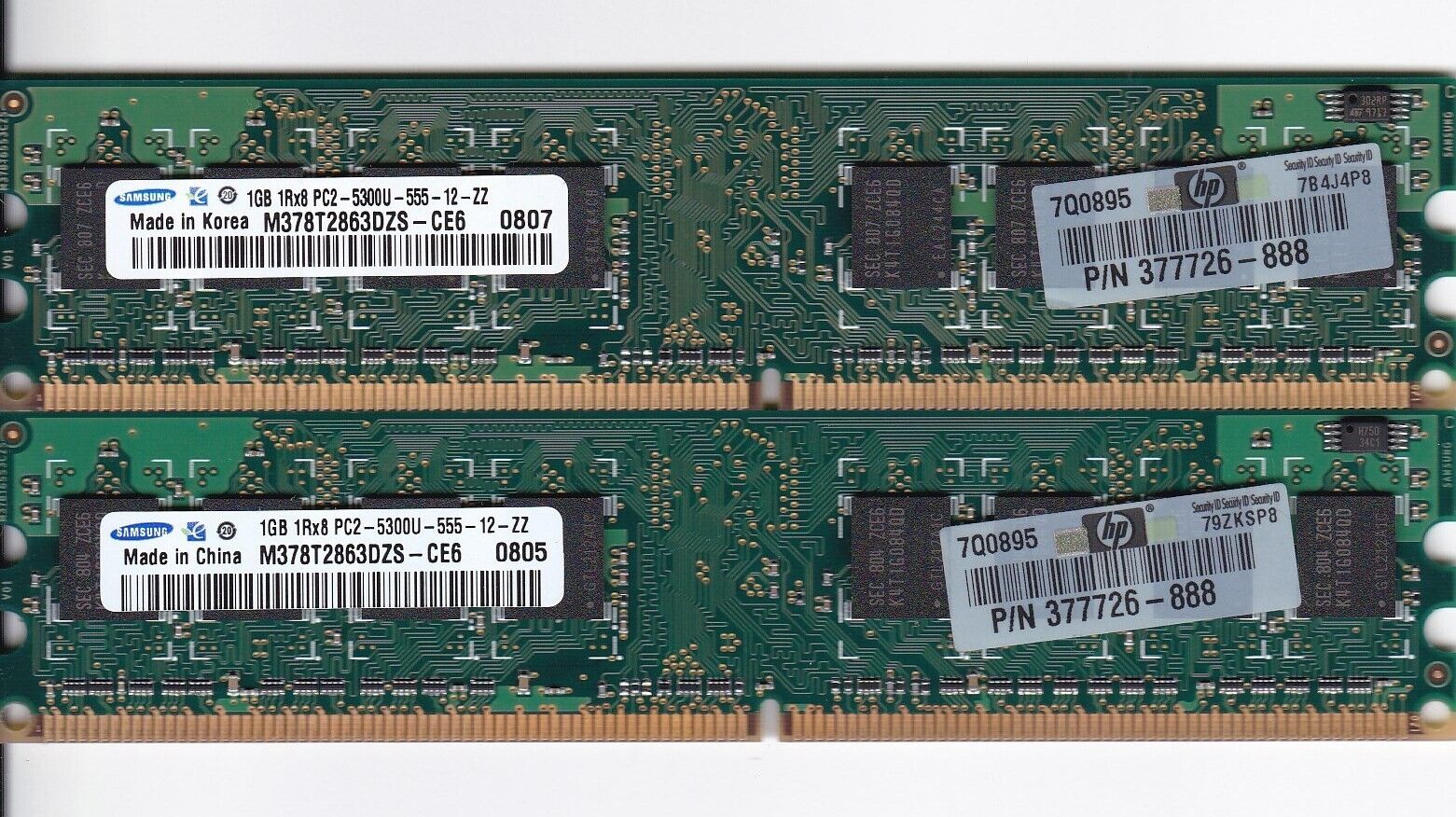 2GB 2x1GB PC2-5300 SAMSUNG DDR2-667 M378T2863DZS-CE6 HP 377726-888 Memory Kit