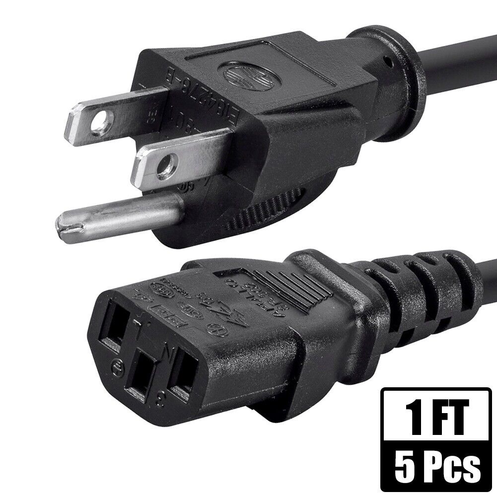 5x 1FT NEMA 5-15P to IEC320 C13 PC Power Cord Cable 3-Prong US AC 10A 125V 18AWG