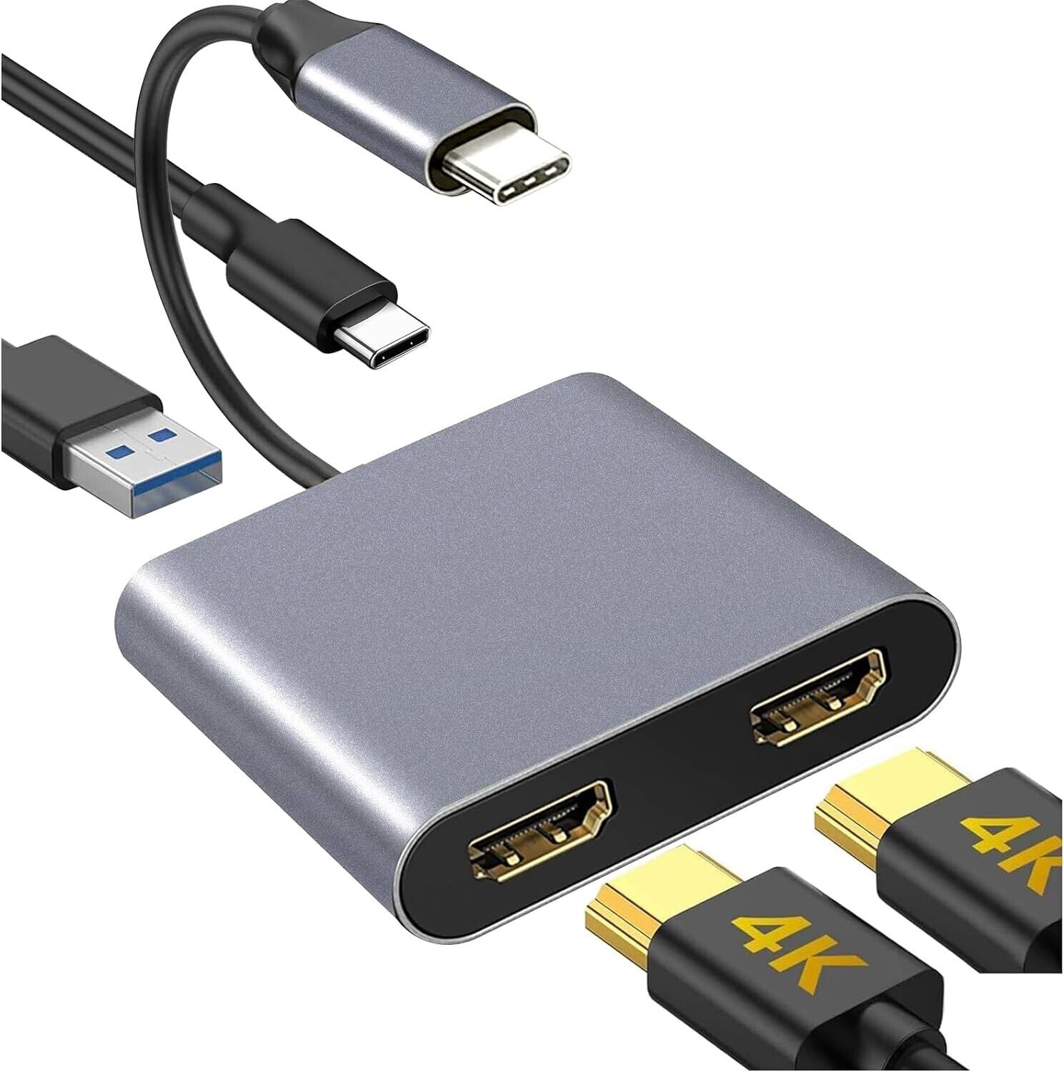 USB C HUB 4in1 to 2X HDMI (4K30Hz) 1x USB 3.0 1x Type C PD Charge 100W Adapter
