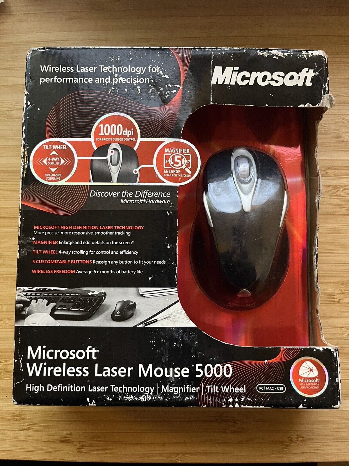 Microsoft Wireless Laser Mouse 5000 Tilt Wheel 1000dpi Metallic Black TESTED