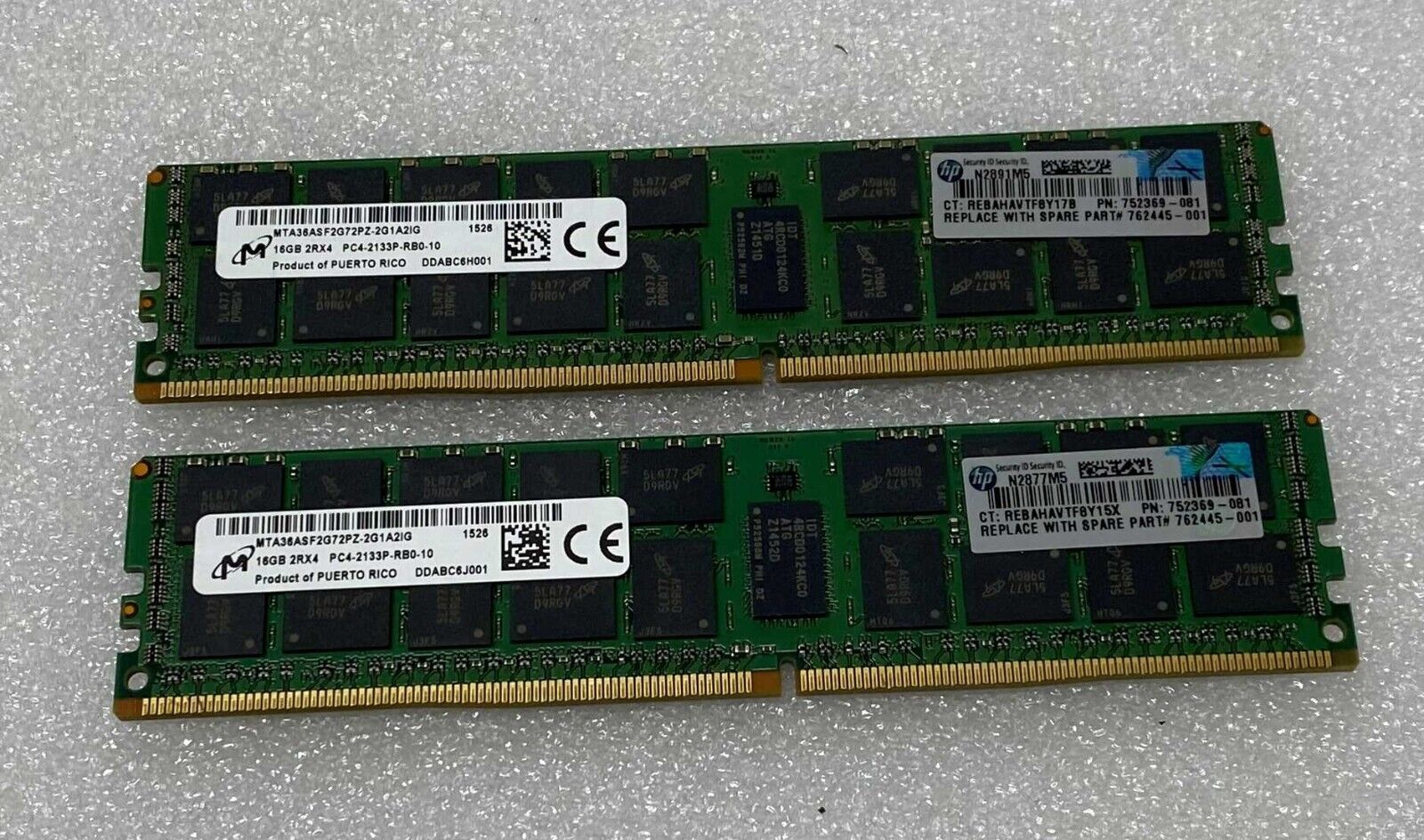 (2x 16GB) 32GB HP/Micron 762445-001 2Rx4 PC4-2133P DDR4 Server RAM Memory