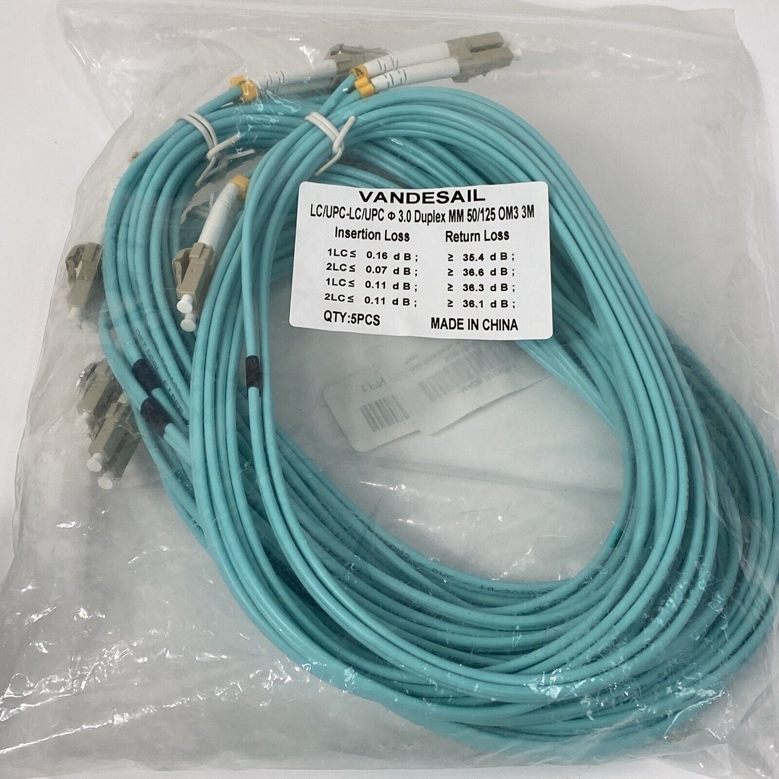 Optical Fiber Cable 5-Pack 3 Meter LC/UPC-LC/UPC 3.0 Duplex MM 50/125 OM3